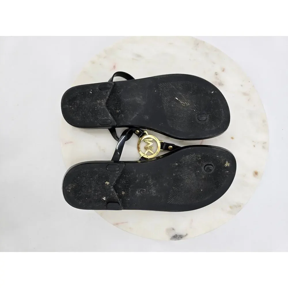 Michael Kors‎ Black Patent Jelly Thong Sandals with Gold Logo